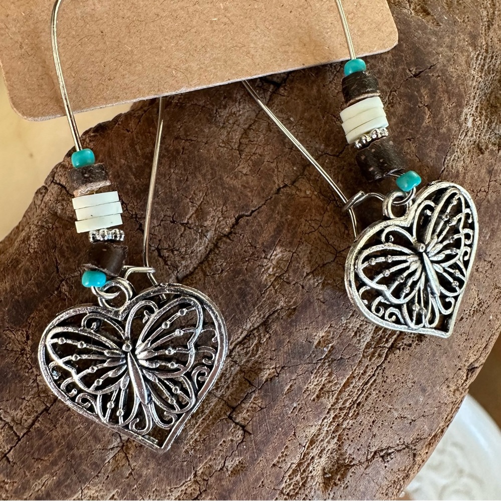 BOGO Butterfly Heart Shape Filigree Blue Boho Beaded Dangling Earrings Silver